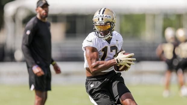 Jul 27, 2022; Metairie, LA, USA; New Orleans Saints wide receiver Michael Thomas (13) during training camp at Ochsner Sports Performance Center.
